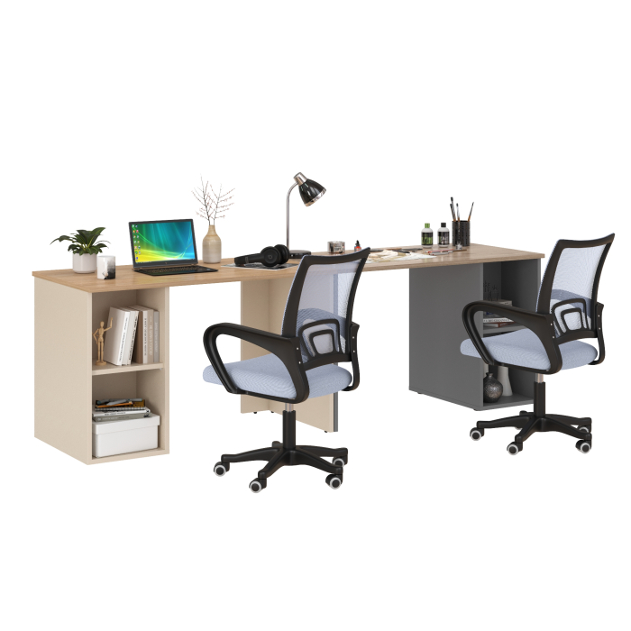 Прямые компьютерные столы, Набор для работы и учёбы из двух столов письменных Лайт 12.163 и двух серых кресел