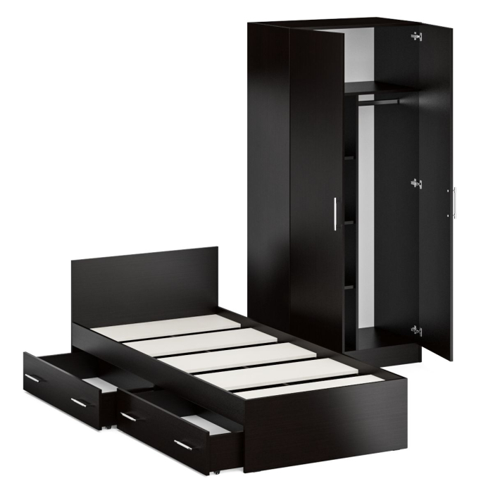 Спальные гарнитуры, Односпальная Кровать с ящиками 900 со шкафом для одежды 2-х створчатым Стандарт