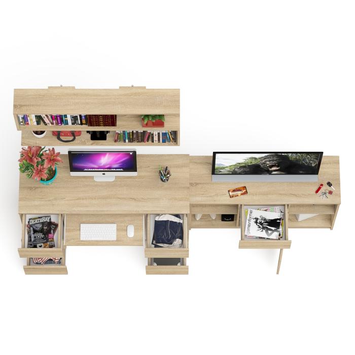 Домашние кабинеты, Стол письменный двухтумбовый Мори МС-2 с навесной открытой полкой и тумбой под ТВ