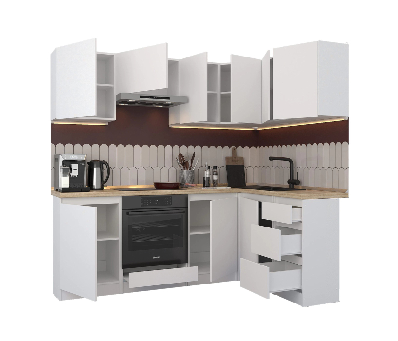 Кухонные гарнитуры, Кухонный гарнитур Леон угловой 210х140 см, белый