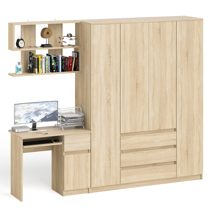 Домашние кабинеты, Стол компьютерный с тумбой справа с большим шкафом Мори МШ1600.1 и полкой открытой