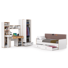 Вуди Компоновка № 36 белый премиум/дуб крафт золотой/саванна латте, сп. м. 900х2000 мм., б/м, о/е, матрас высотой до 200 мм.