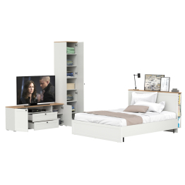 Кровать Остин с ортопедическим основанием для матраса 1600х2000 с тумбой для аппаратуры и шкафом-пеналом