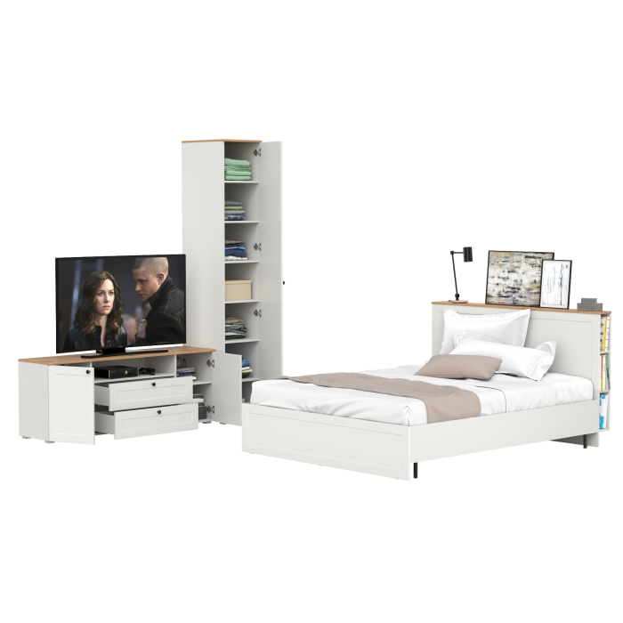 Спальные гарнитуры, Кровать Остин с ортопедическим основанием для матраса 1600х2000 с тумбой для аппаратуры и шкафом-пеналом