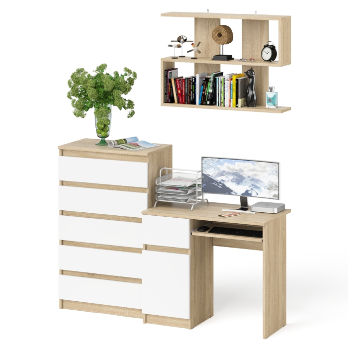 Прямые компьютерные столы, Стол компьютерный Мори с тумбой слева с высоким комодом МК700-5 и полкой 900