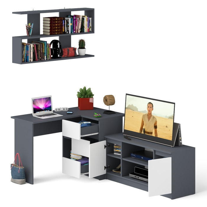 Домашние кабинеты, Стол угловой компьютерный Мори МС-16 правый с книжной полкой и ТВ-тумбой МТВ1200.1