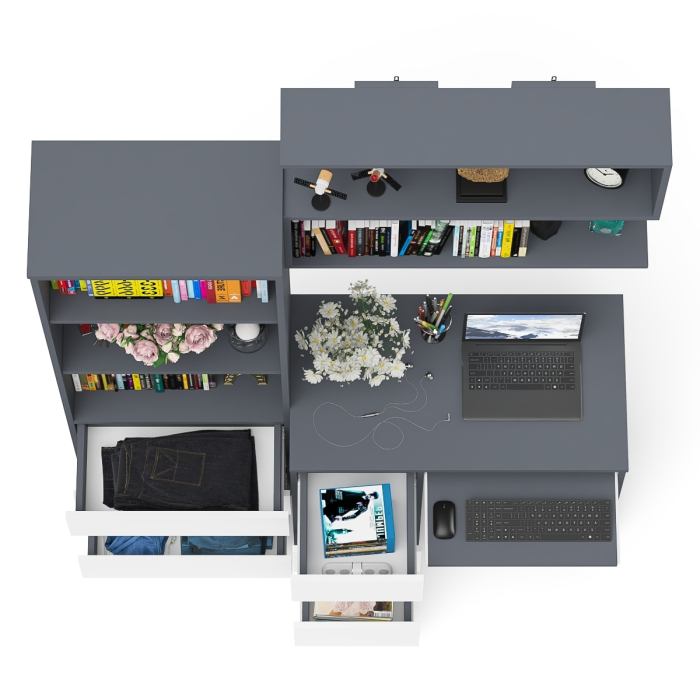 Прямые компьютерные столы, Стол для работы три ящика слева Мори с навесной полкой на 900 и стеллаж-комод три ящика