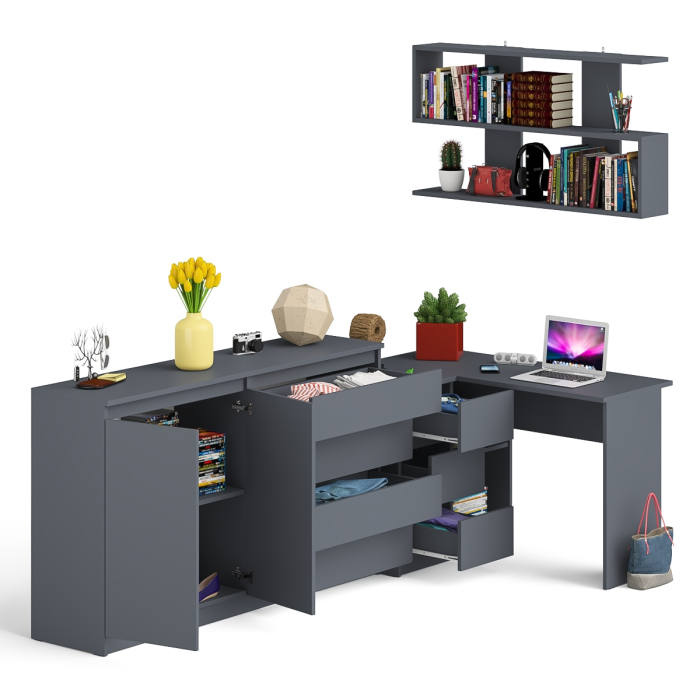 Домашние кабинеты, Угловой компьютерный стол с тремя ящиками Мори МС-16 левый с тумбой-комодом и книжной полкой