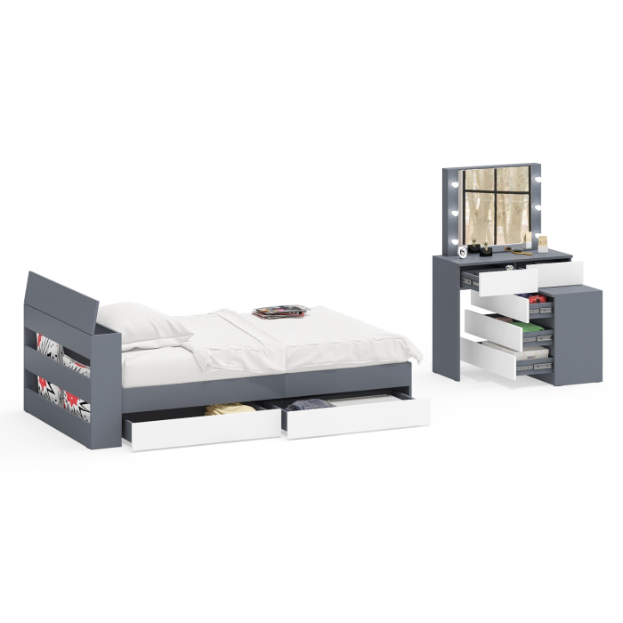 Спальные гарнитуры, Столик туалетный с лампочками 110 с полутораспальной кроватью с ящиками Ксения 1200