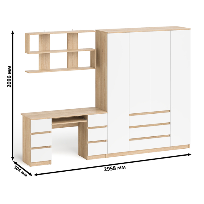Домашние кабинеты, Большой 4-х дверный шкаф-комод Мори МШ1600.1 и стол с верхней навесной полкой