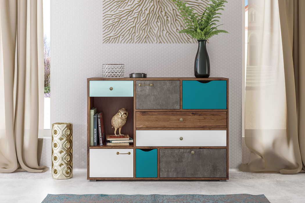 Комоды, Комод Вайс 10.104 морское дерево винтаж/камень тёмный/бензин/мята/белый премиум