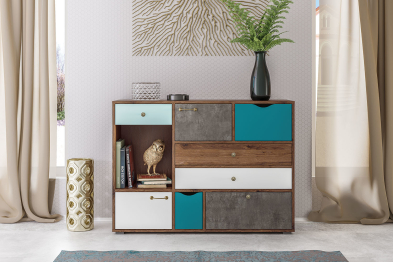 Комод Вайс 10.104 морское дерево винтаж/камень тёмный/бензин/мята/белый премиум