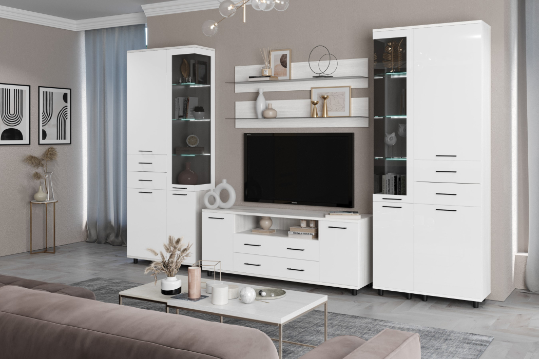 Стенки для гостиной, Модульная гостиная Грейс композиция 12  Снежный Ясень