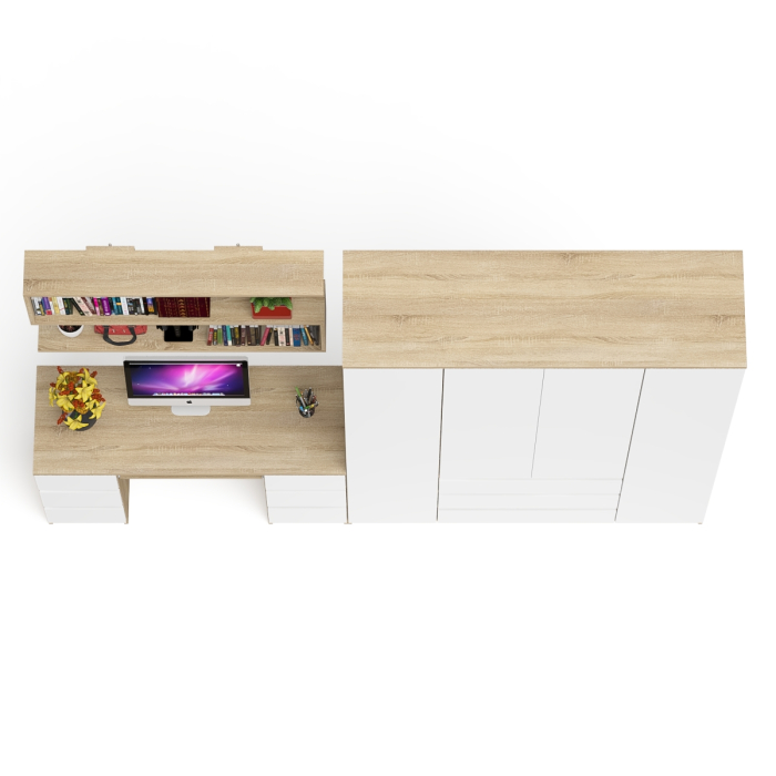 Домашние кабинеты, Большой 4-х дверный шкаф-комод Мори МШ1600.1 и стол с верхней навесной полкой