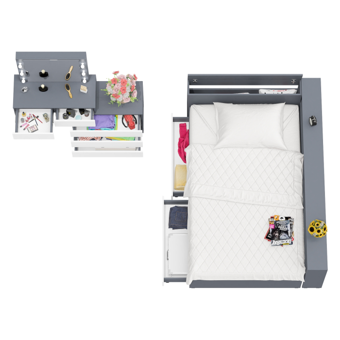 Спальные гарнитуры, Туалетный столик для спальни с подсветкой 110 и Ксения кровать 1200 с ящиками и прикроватный блок