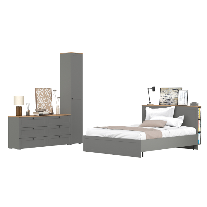 Спальные гарнитуры, Комод шесть ящиков Остин с кроватью 1600 с основанием и пеналом с полками