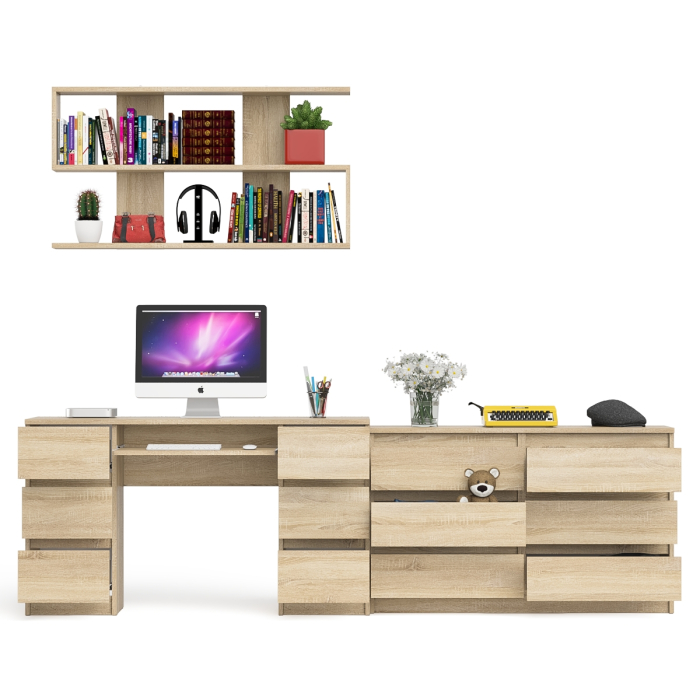 Домашние кабинеты, Широкий комод Мори на шесть ящиков с двутумбовым столом МС-2 и открытой полкой