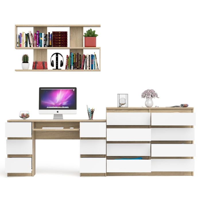 Домашние кабинеты, Полка Мори 1200 с письменным столом Мори МС-2 и комодом на восемь ящиков