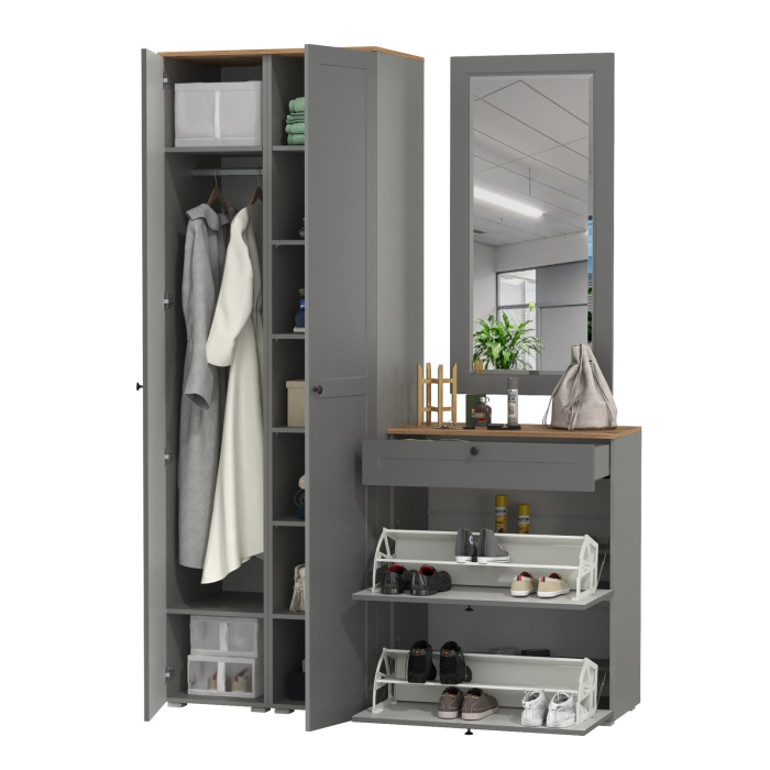 Прихожие, Тумба для обуви с зеркалом и два шкаф-пенала с полками Остин