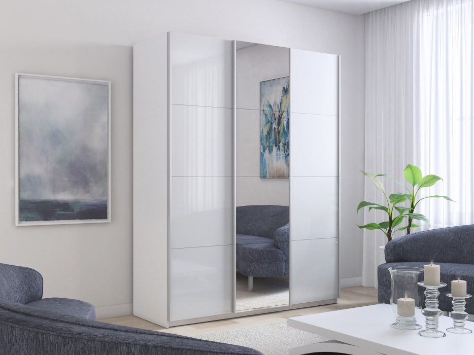 Шкафы-купе 3-х дверные, Шкаф-купе Прайм 3-х дверный Стекла белые/Зеркало/Доводчики 210х57х230