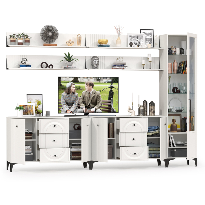 Стенки для гостиной, Шкаф со стеклом и 2 комода для аппаратуры с 4 полками Валенсия № 119