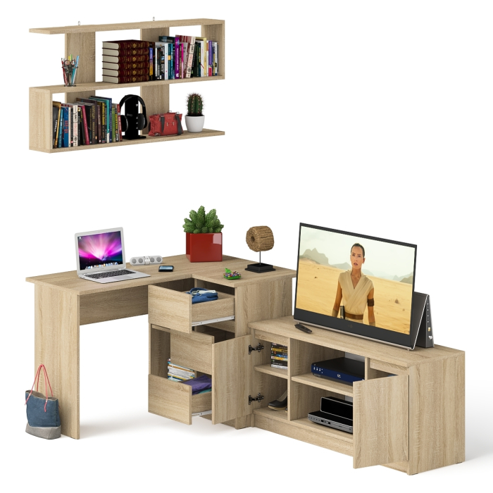 Домашние кабинеты, Стол угловой компьютерный Мори МС-16 правый с книжной полкой и ТВ-тумбой МТВ1200.1