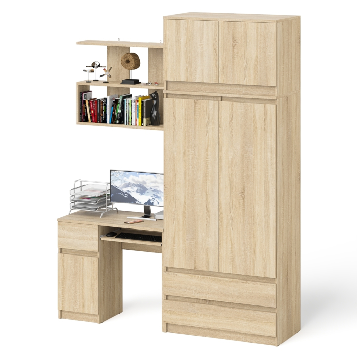 Домашние кабинеты, Стол однотумбовый Мори МС-1 левый с полкой навесной и комодом-шкафом с антресолью