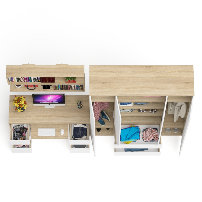 Домашние кабинеты, Большой 4-х дверный шкаф-комод Мори МШ1600.1 и стол с верхней навесной полкой