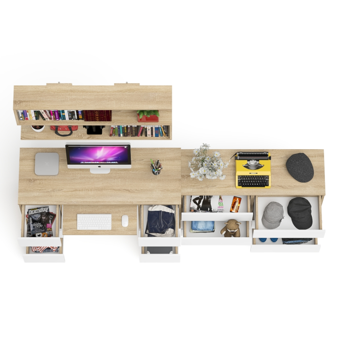 Домашние кабинеты, Широкий комод Мори на шесть ящиков с двутумбовым столом МС-2 и открытой полкой