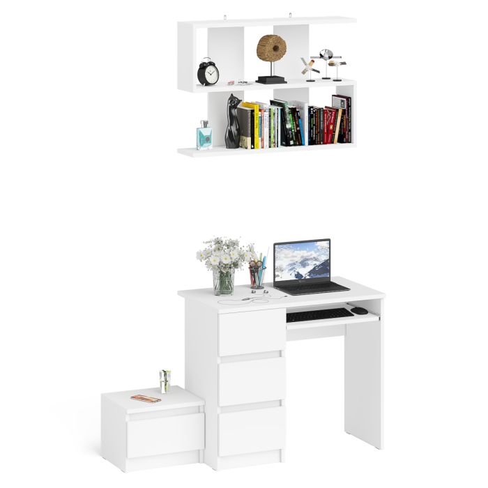 Прямые компьютерные столы, Стол компьютерный три ящика МС-6 левый с тумбочкой ТМП400 и навесной полкой 900 Мори