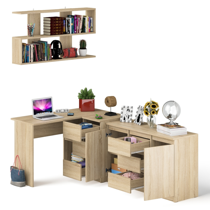 Домашние кабинеты, Стол компьютерный угловой МС-16 правый с навесной полкой и тумбой МК-1200.3 Мори