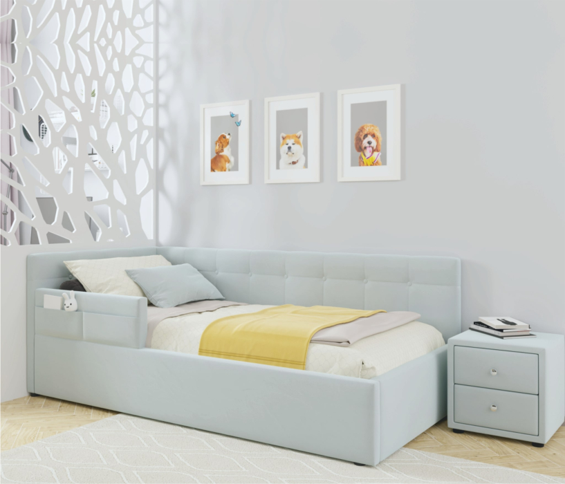 Мягкая кровать, Односпальная кровать-тахта Bonna 900 с защитным бортиким и подъемным механизмом