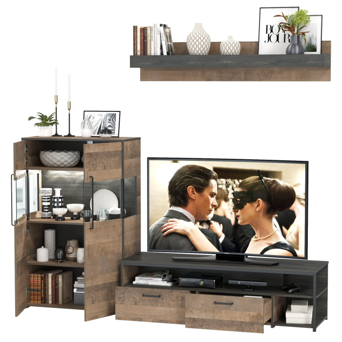 Стенки для гостиной, Комод с витриной с подсветкой с тумбой под ТВ Трувор