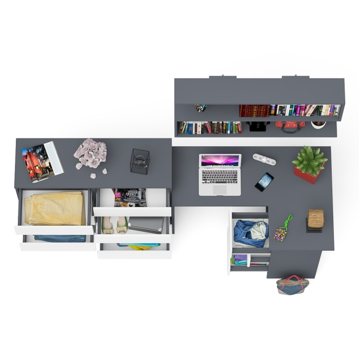 Домашние кабинеты, Стол компьютерный угловой с ящиками Мори МС-16 правый с навесной полкой и комодом МК1200.8