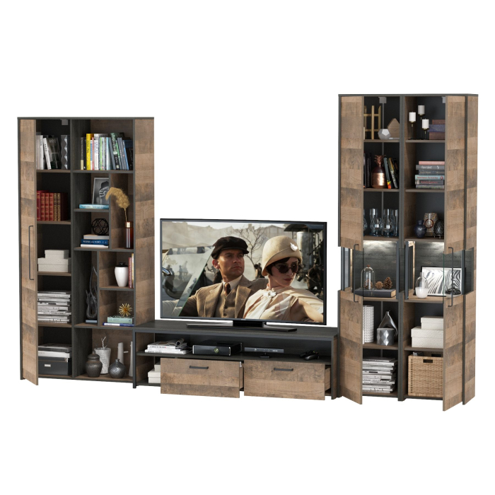 Стенки для гостиной, Шкаф-стеллаж с тумбой под телевизор и два пенала с витриной Трувор