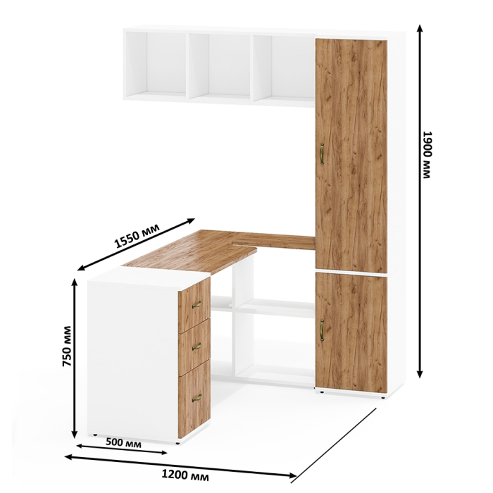 Домашние кабинеты, Навесная книжная полка Лидер-8 с письменным столом с тумбочкой 3.16 и пеналом с полками