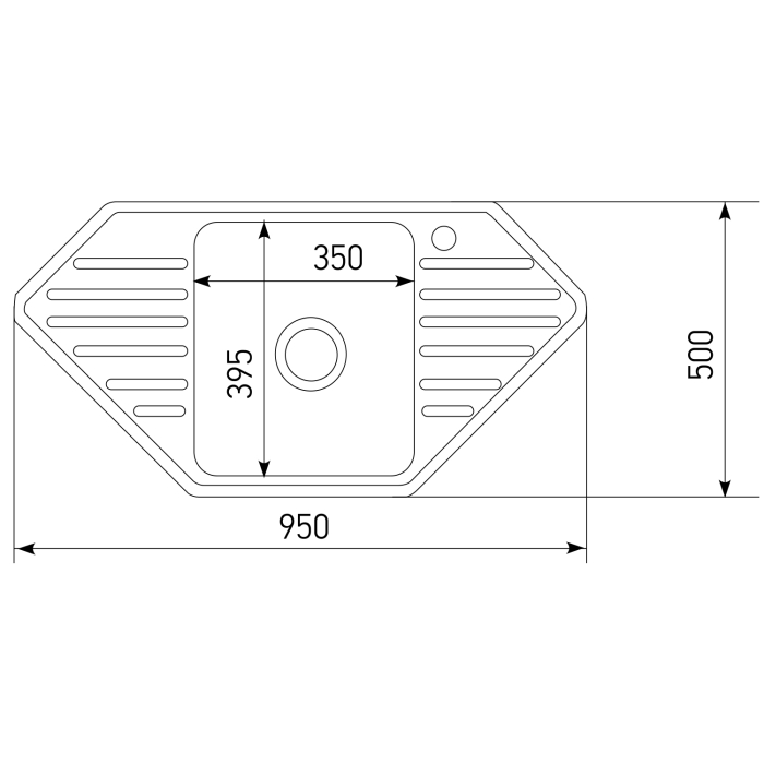 Кухонные мойки, Мойка врез 95х50 (0,8) УГЛОВАЯ вып 3 1/2 MIXLINE 18см с сифоном