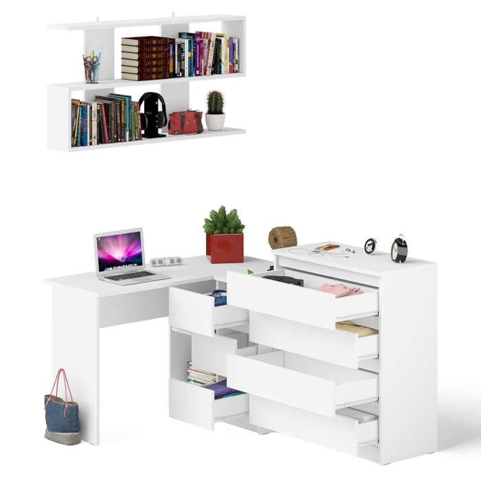 Домашние кабинеты, Книжная навесная полка Мори с угловым компьютерным столом МС-16 правым и комодом Мори МК800.4