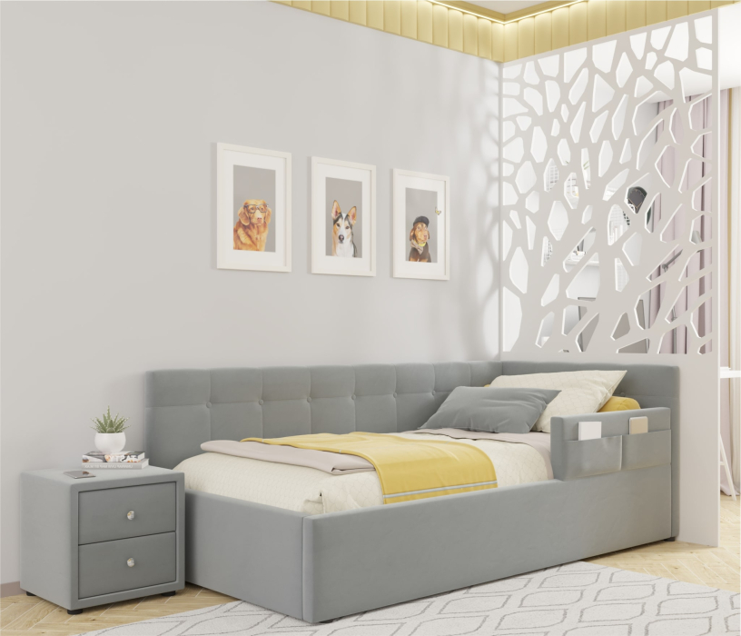 Мягкая кровать, Односпальная кровать-тахта Bonna 900 с защитным бортиким и подъемным механизмом