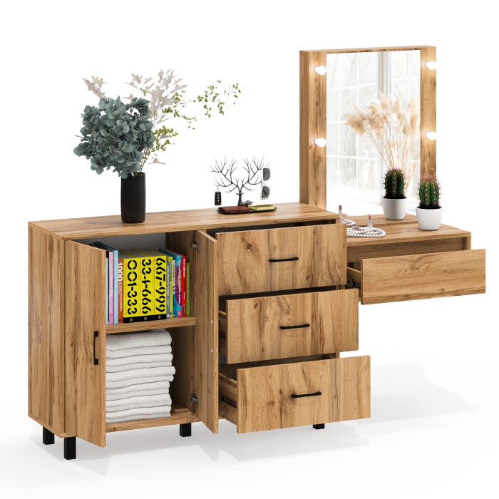 С зеркалом, Стол косметический навесной с подсветкой и тумба-комод 123-1204.