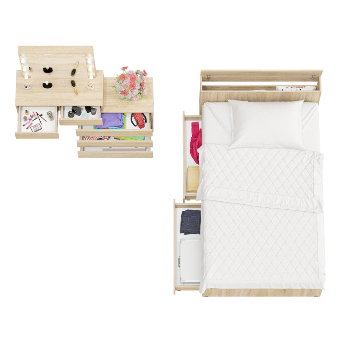 Спальные гарнитуры, Столик туалетный с лампочками 110 с полутораспальной кроватью с ящиками Ксения 1200