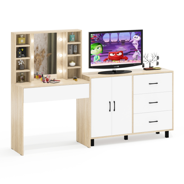 С зеркалом, Туалетный столик с подсветкой 115 и тумба-комод 123-1204