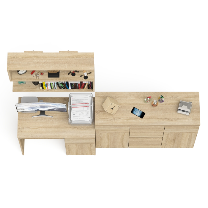 Домашние кабинеты, Тумба-комод Мори МК1200.4 с компьютерным столом МС-1 правый и открытой навесной полкой