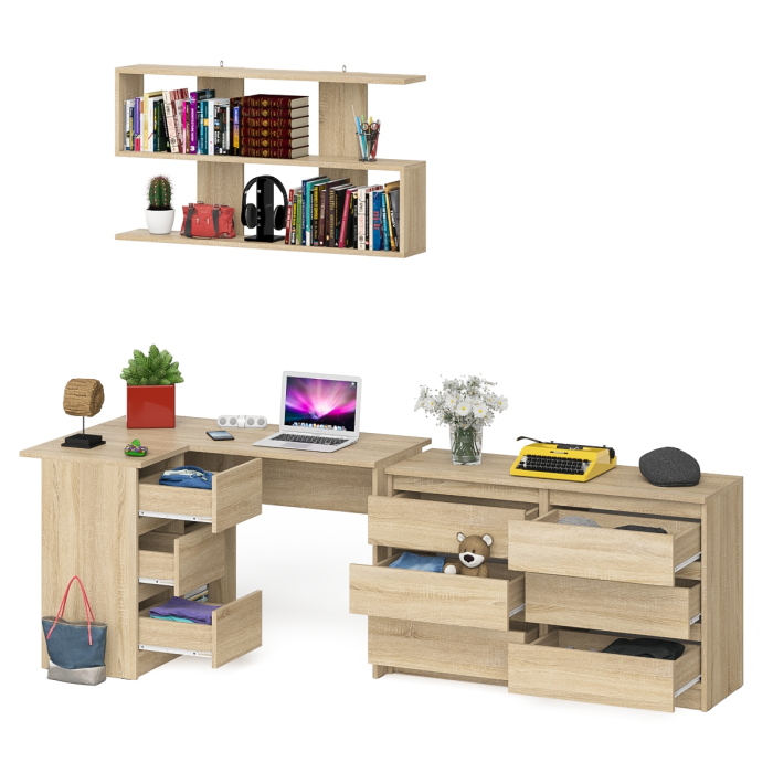 Домашние кабинеты, Стол компьютерный угловой МС-16 левый Мори с полкой для книг и широким комодом