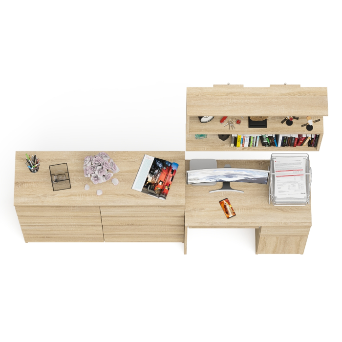 Домашние кабинеты, Большой комод на восемь выдвижных ящиков со столом МС-1 правый и полкой Мори 900