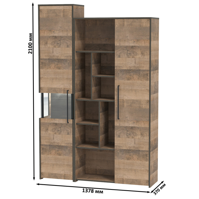 Стенки для гостиной, Шкаф-пенал с витриной с подсветкой и высокий шкаф-стеллаж Трувор