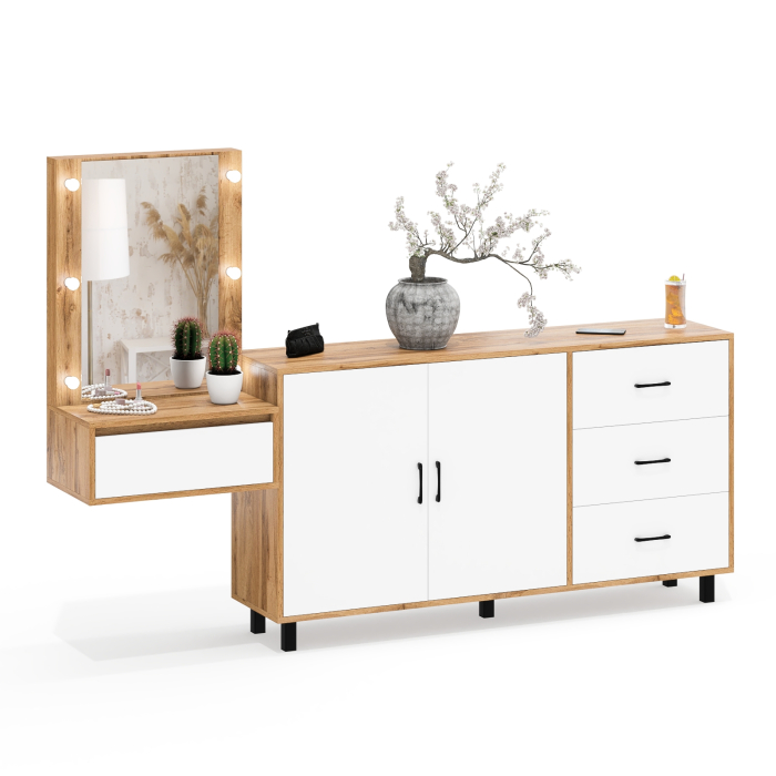 С зеркалом, Косметический навесной столик с подсветкой и комод с ящиками и дверками 123-1604