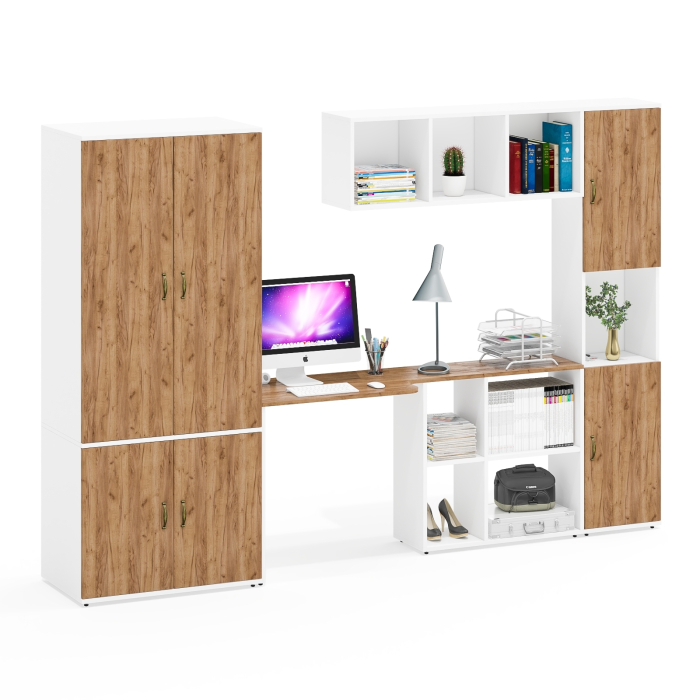 Домашние кабинеты, Стол-трансформер письменный с настенной полкой для книг Лидер-8 с глубоким шкафом и пеналом с нишей