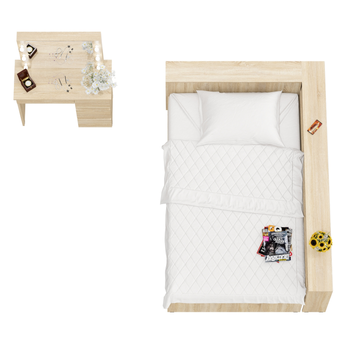 Спальные гарнитуры, Кровать с прикроватным блоком с ящиками Ксения 1200 и туалетный столик с подсветкой Сура