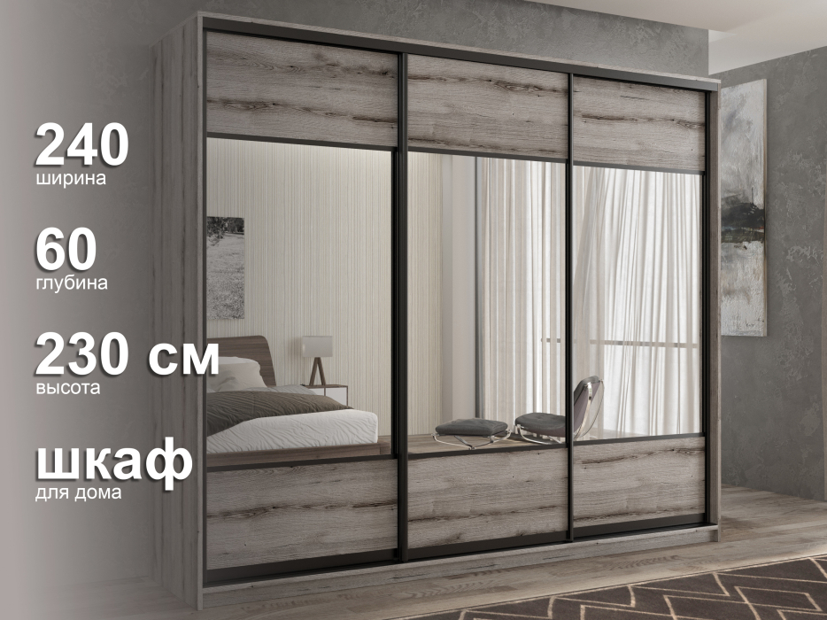 Шкафы-купе 3-х дверные, Шкаф-купе 3х дверный Кааппи 6 240х60